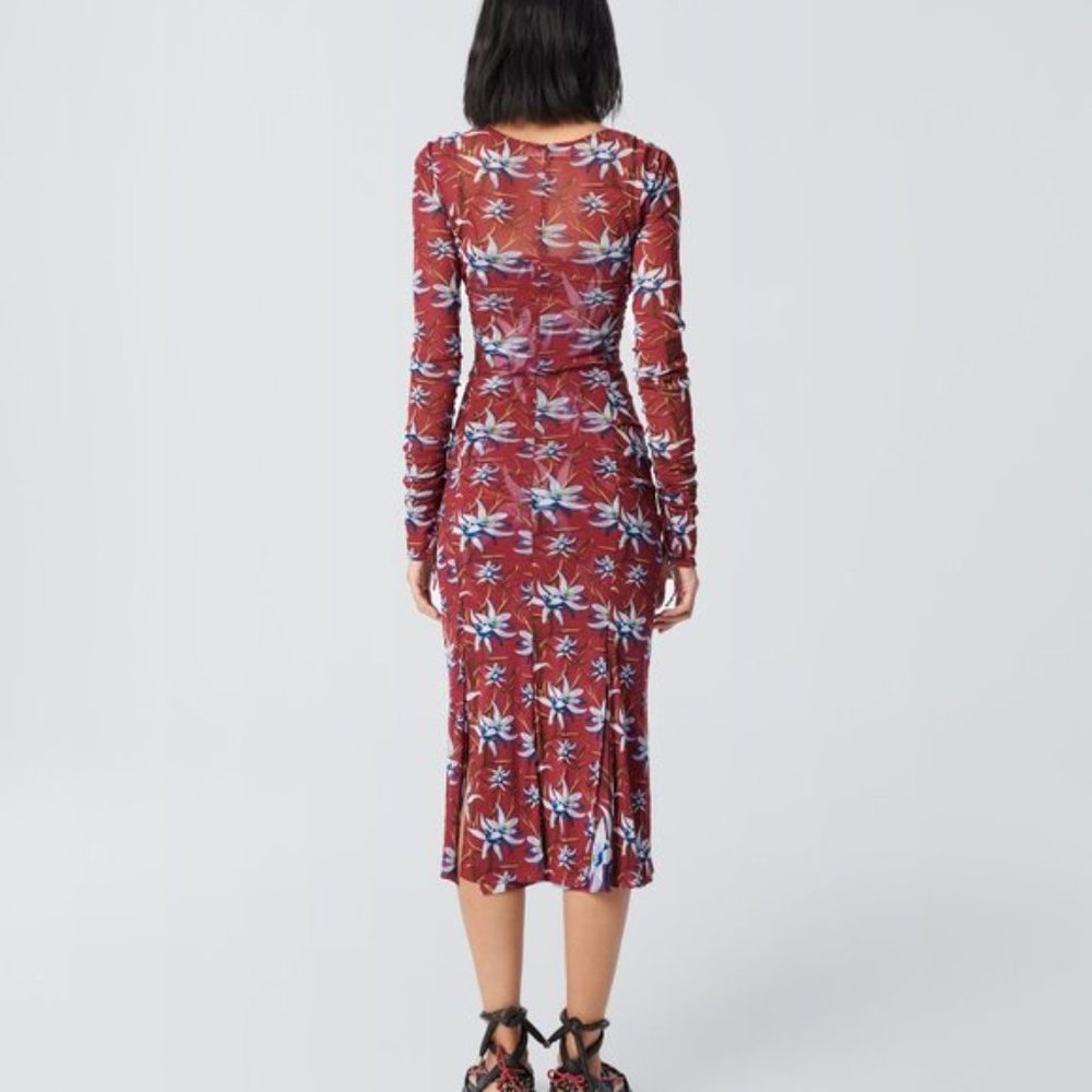 NWT DVF - Corinne Ruched Mesh Midi Dress in Harlow Small Wine - Picture 2 of 7